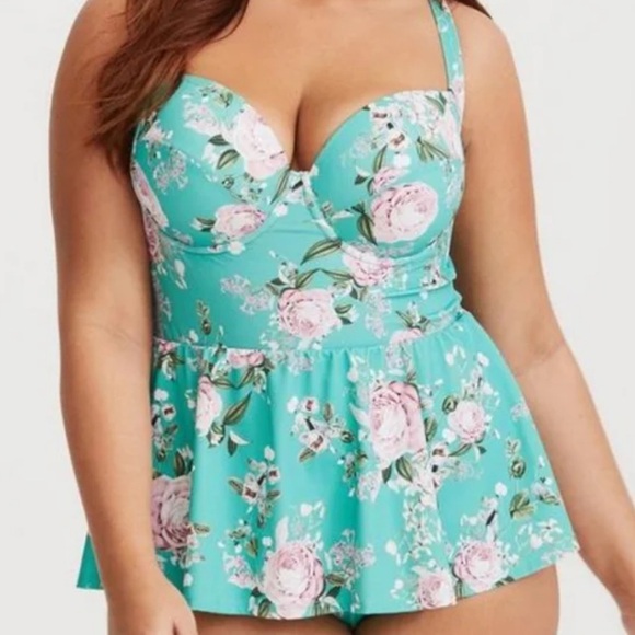 torrid Other - Torrid Underwire Push-Up Peplum One Piece Swimsuit Dress Agua Teal Floral Sz 2